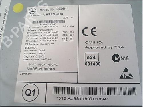 Used Radio Radio MERCEDES-BENZ B-CLASS Sports Tourer (W245) B 200 CDI (245.208) (140 hp) 9408276 9408276