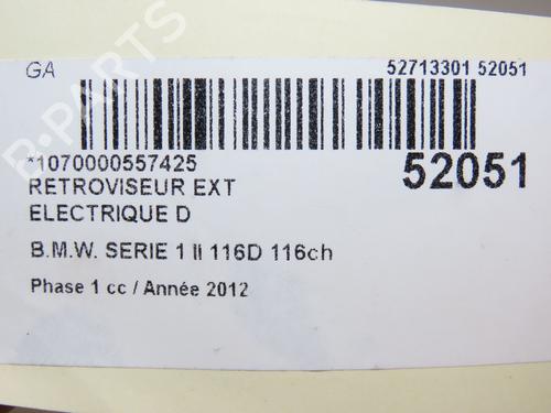 Used Right mirror BMW 1 (F20) 116 d (116 hp) 22524662
