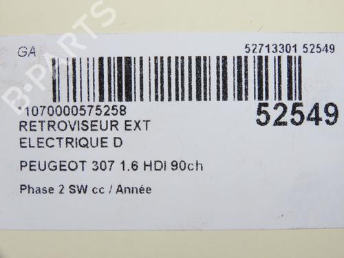 Right mirror PEUGEOT 307 Break (3E) 1.6 HDi | BP31120787C27 