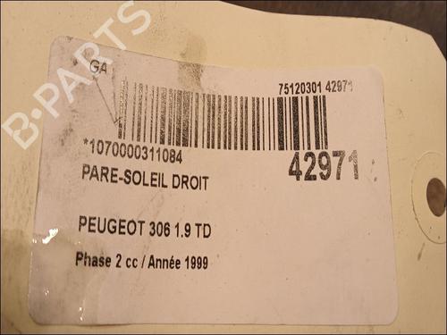 Used Right sun visor PEUGEOT 306 Hatchback (7A, 7C, N3, N5) 1.9 DT (90 hp) 9617508