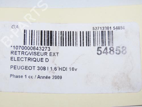 Right mirror PEUGEOT 308 I (4A_, 4C_) 1.6 HDi | BP32399686C27 