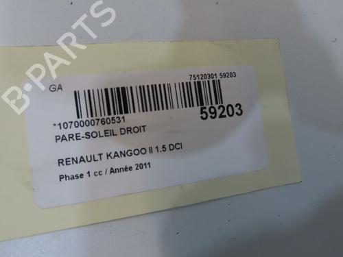 Højre solskærm Højre solskærm RENAULT KANGOO / GRAND KANGOO II (KW0/1_) 1.5 dCi 110 (KW0C, KW0H) (110 hp) 36495581 36495581