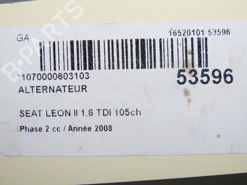 Used Alternator SEAT LEON (1P1) 1.9 TDI (105 hp) 31179685