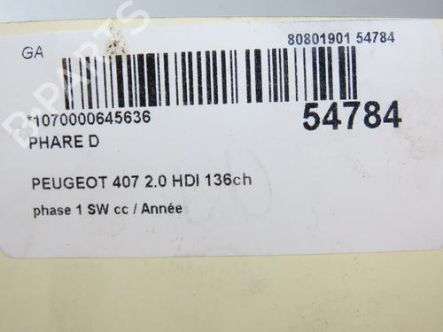 Used Right headlight PEUGEOT 407 SW (6E_, 6D_) 2.0 HDi 135 (136 hp) 30630890
