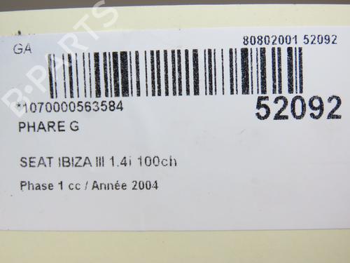 Left headlight SEAT IBIZA III (6L1) 1.4 16V | BP28832529C28 
