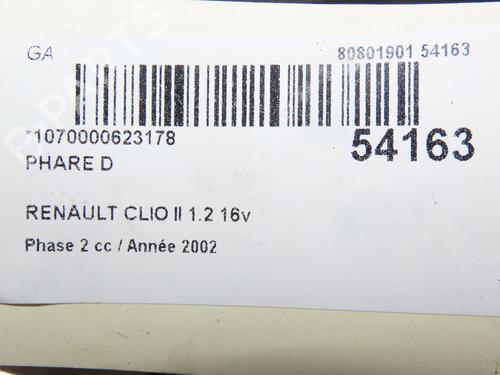 Used Right headlight RENAULT CLIO II (BB_, CB_) 1.2 16V (BB05, BB0W, BB11, BB27, BB2T, BB2U, BB2V, CB05,... (75 hp) 28832489