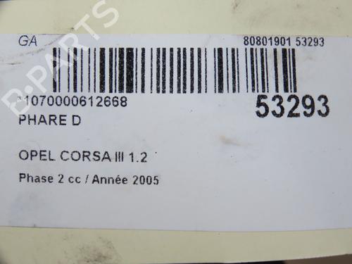 Phare droit OPEL CORSA C (X01) 1.2 Twinport (F08, F68) (80 hp) 28832472