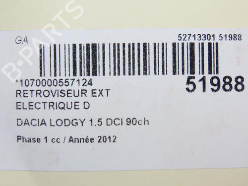 Used Right mirror DACIA LODGY (JS_) 1.5 dCi (90 hp) 28801957