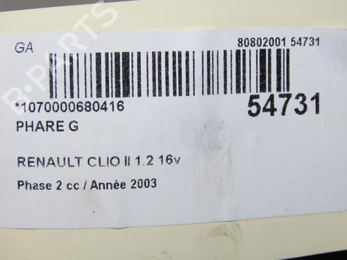 Used Left headlight RENAULT CLIO II (BB_, CB_) 1.2 16V (BB05, BB0W, BB11, BB27, BB2T, BB2U, BB2V, CB05,... (75 hp) 32076160