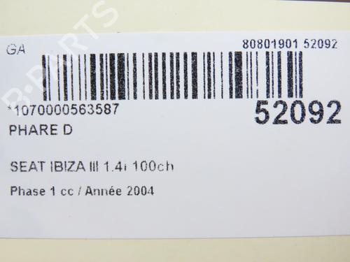 Used Right headlight SEAT IBIZA III (6L1) 1.4 16V (100 hp) 28802240