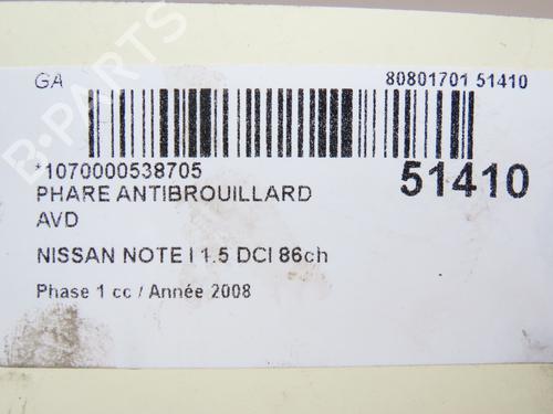 Used Right front fog light NISSAN NOTE (E11, NE11) 1.5 dCi (86 hp) 28832389