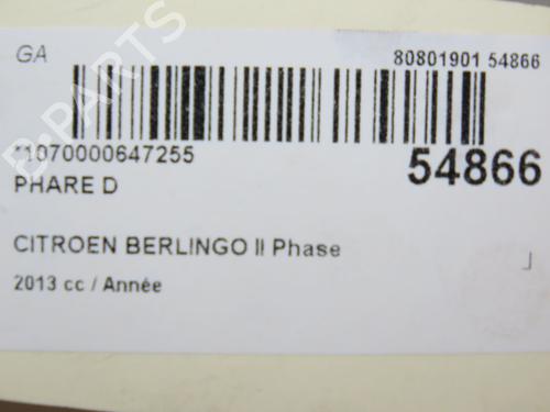 Used Right headlight CITROËN BERLINGO Box Body/MPV (B9) 1.6 HDi 90 (90 hp) 28969436