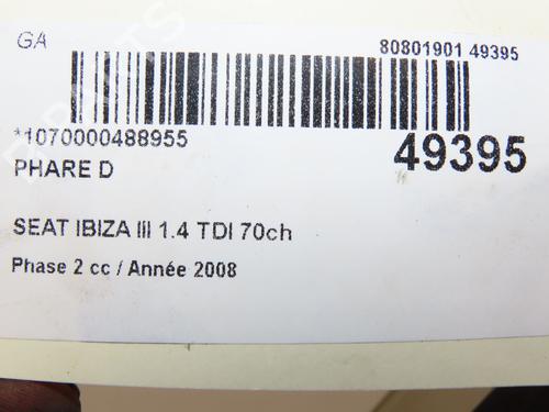 Right headlight SEAT IBIZA III (6L1) 1.4 TDI | BP19104262C29 