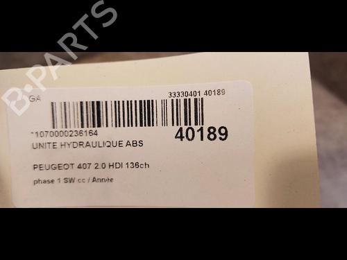 Used ABS pump PEUGEOT 407 SW (6E_, 6D_) 2.0 HDi 135 (136 hp) 9608214