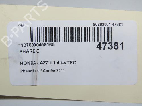 Used Left headlight Left headlight HONDA JAZZ III (GE_, GG_, GP_, ZA_) 1.3 i (GE6, GG3, GG6) (100 hp) 33222781 33222781