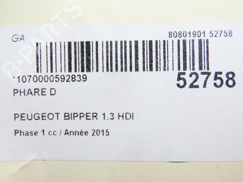 Used Right headlight PEUGEOT BIPPER (AA_) 1.3 HDi 75 (75 hp) 28802242