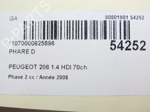 Højre forlygte PEUGEOT 206 Hatchback (2A/C) 1.4 HDi eco 70 (68 hp) 28832492