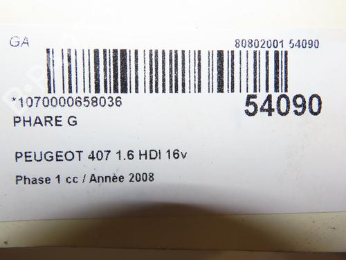 Left headlight PEUGEOT 407 (6D_) 1.6 HDi 110 (6D9HZC, 6D9HYC) | BP28832558C28 