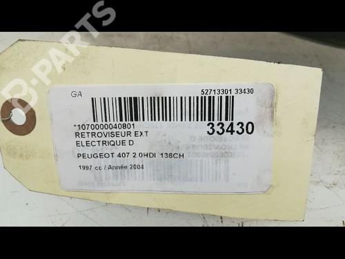 Right mirror PEUGEOT 407 (6D_) 2.0 HDi 135 (6DRHRH, 6DRHRE, 6DRHRG, 6DRHRJ) | BP9596042C27 