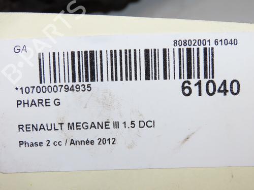 Used Left headlight Left headlight RENAULT MEGANE III Hatchback (BZ0/1_, B3_) 1.5 dCi (BZ0C) (90 hp) 40518096 40518096
