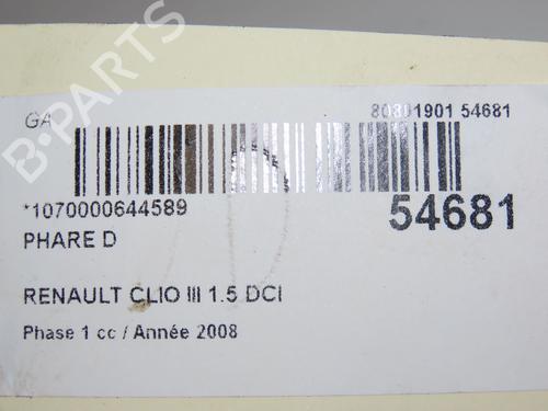 Used Right headlight RENAULT CLIO III (BR0/1, CR0/1) 1.5 dCi (C/BR0G, C/BR1G) (68 hp) 28969434