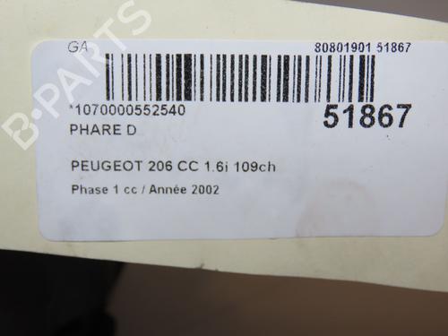 Used Right headlight PEUGEOT 206 CC (2D) 1.6 16V (2DNFUF, 2DNFUR) (109 hp) 28969410
