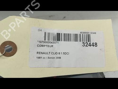 Used Instrument cluster RENAULT CLIO III (BR0/1, CR0/1) 1.5 dCi (C/BR0G, C/BR1G) (68 hp) 9593434