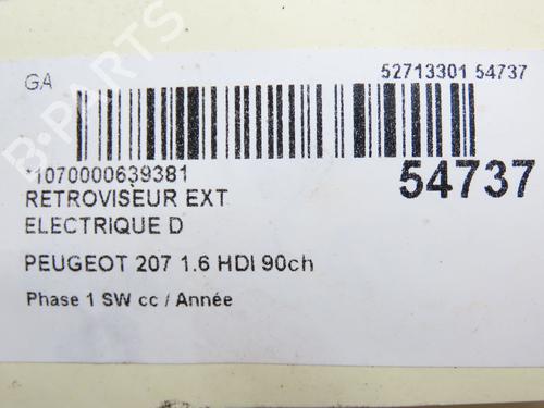 Used Right mirror PEUGEOT 207 SW (WK_) 1.6 HDi (90 hp) 28831410