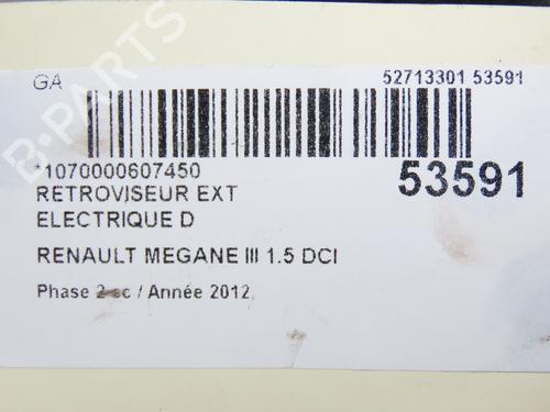 Used Right mirror RENAULT MEGANE III Hatchback (BZ0/1_, B3_) 1.5 dCi (BZ09, BZ0D, BZ1W, BZ29, BZ14) (110 hp) 28831385