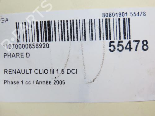 Used Right headlight RENAULT CLIO III (BR0/1, CR0/1) 1.5 dCi (C/BR0G, C/BR1G) (68 hp) 29294221