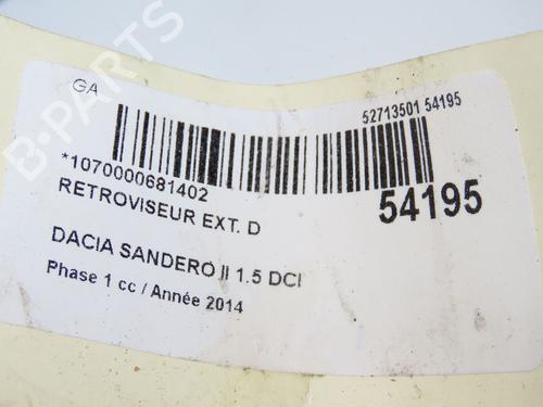 Used Right mirror Right mirror DACIA SANDERO II 1.5 dCi 75 / Blue dCi 75 (B8JW, B8M4, B8AH, B8M7, B8M6) (75 hp) 33744830 33744830