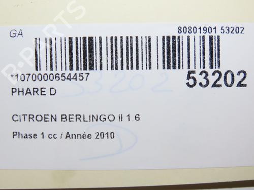 Højre forlygte CITROËN BERLINGO Box Body/MPV (B9) 1.6 HDi 75 (75 hp) 28331566