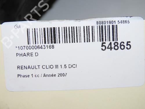 Phare droit RENAULT CLIO III (BR0/1, CR0/1) 1.5 dCi (BR17, CR17) (86 hp) 31179749