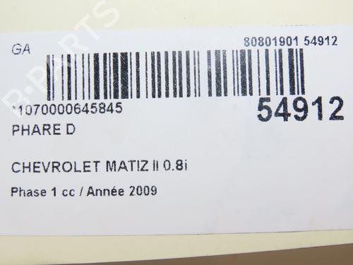 Used Right headlight CHEVROLET MATIZ (M200, M250) 0.8 (52 hp) 28969437