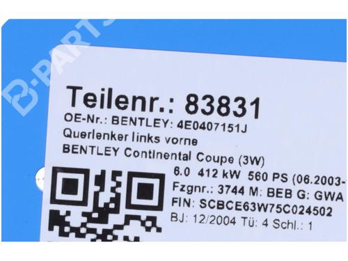 Left front suspension arm BENTLEY CONTINENTAL Coupe (3W_, 393) 6.0 GT | BP10216330M12 