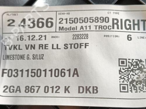 Høyre frontpanel VW T-ROC (A11, D11) | BP30616227C59