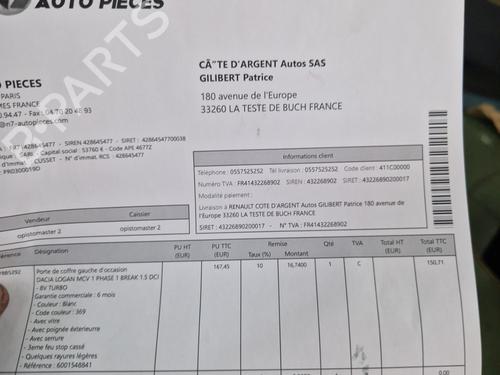 Left tailgate DACIA LOGAN MCV (KS_) 1.5 dCi (KS0K) | BP23719502C76  - Image 12