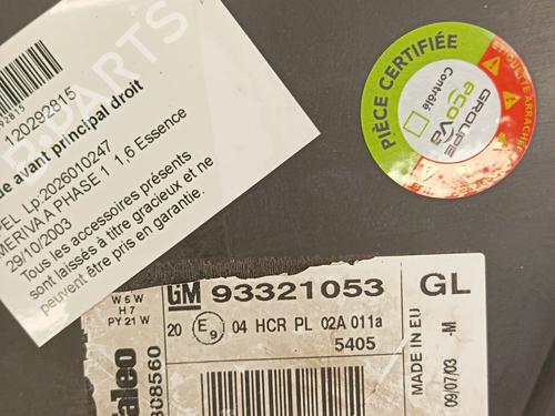 Right headlight OPEL MERIVA A MPV (X03) 1.6 16V (E75) | BP32240725C29 