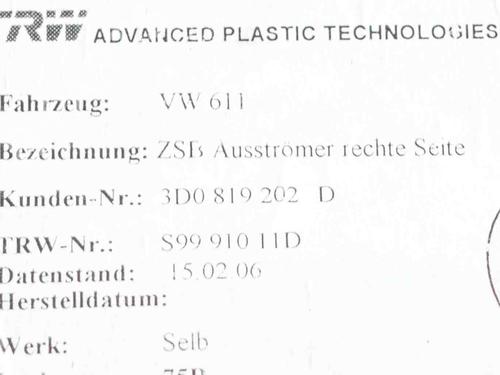 Air vent VW PHAETON (3D1, 3D2, 3D3, 3D4, 3D6, 3D7, 3D8, 3D9) 5.0 V10 TDI 4motion | BP14684199I21 